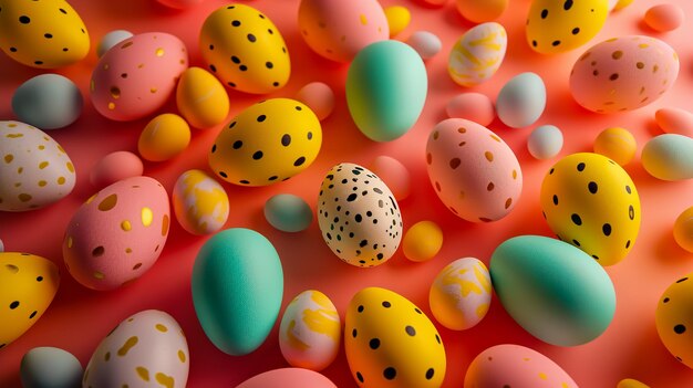 Colorful Easter eggs flat lay on colored background