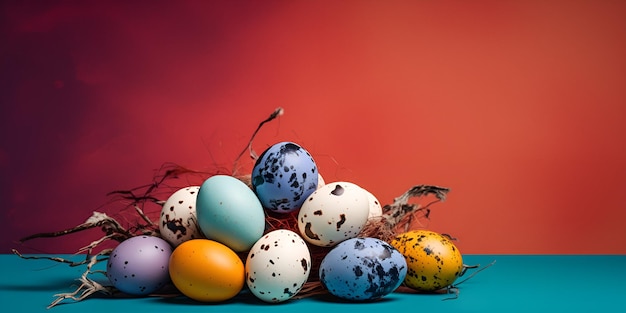 Colorful easter eggs and flowers on dark blue background retro toned