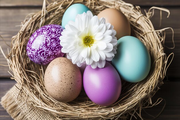 Colorful Easter eggs and flowers in a nest Easter symbol