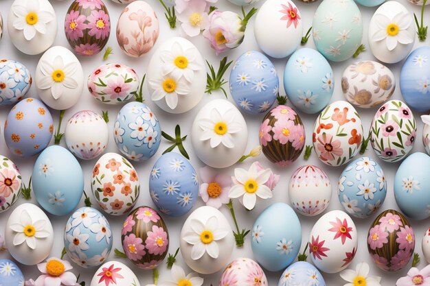 Colorful Easter eggs and flowers on a white background Happy Easter Card
