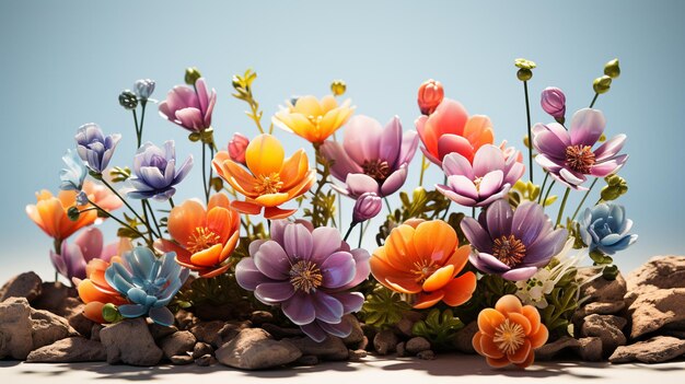 colorful easter eggs and flowers on wooden background