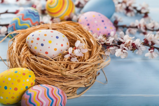 colorful easter eggs and flowers