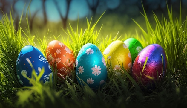 Colorful easter eggs in grass on a sunny spring day photography AI Generated Photo