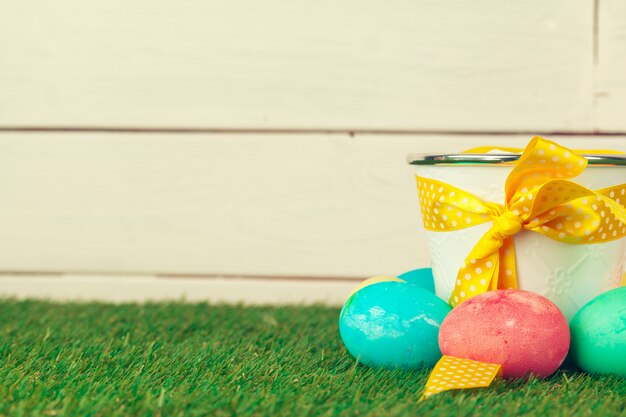 Colorful easter eggs on the grass