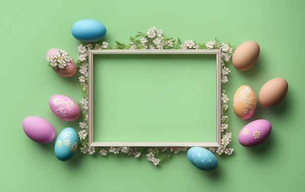 Photo colorful easter eggs on a green background with flowers