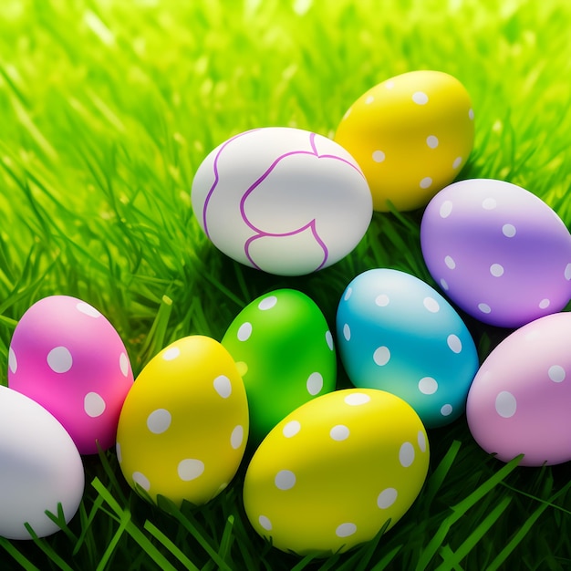 Красочные пасхальные яйца на фоне зеленой травы с пустым пространством Generative AI