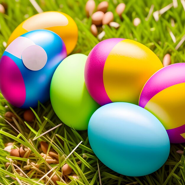Colorful Easter eggs on green grass background with empty space Generative AI