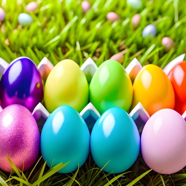 Colorful Easter eggs on green grass background with empty space Generative AI