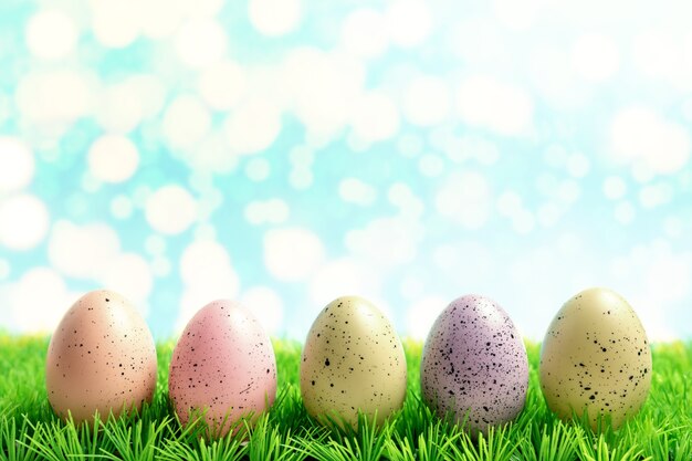 Colorful Easter eggs on green grass.