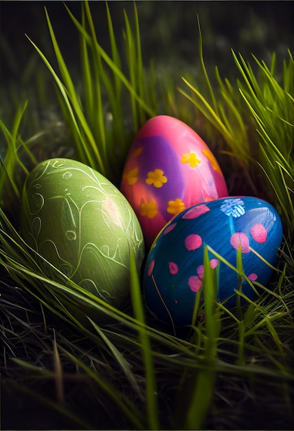 Colorful easter eggs on green grass