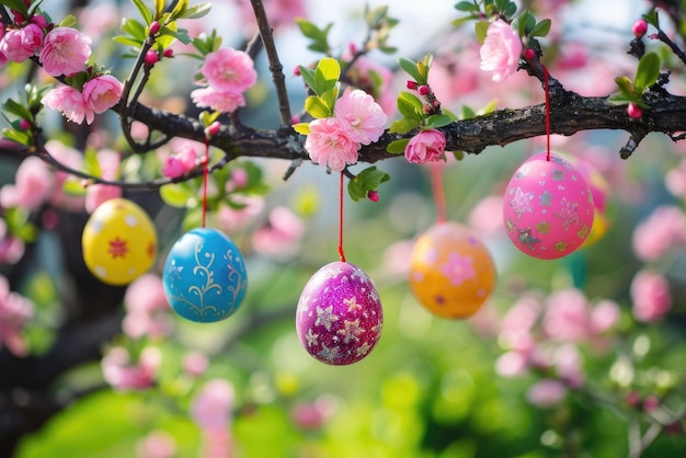 Colorful Easter eggs hanging on blooming tree branches outdoor in garden