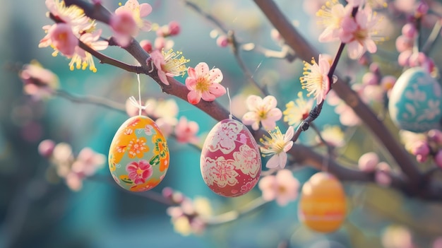 Colorful Easter eggs hanging on blooming tree branches outdoor in garden