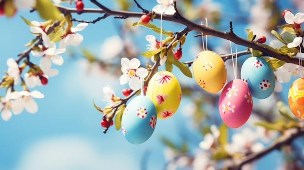 Красочные пасхальные яйца, висящие на цветущих ветвях деревьев на открытом воздухе в саду