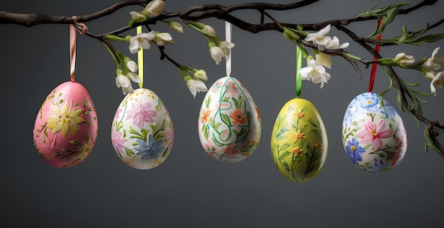 Colorful easter eggs hanging from cherry tree Concept and idea of happy easter day