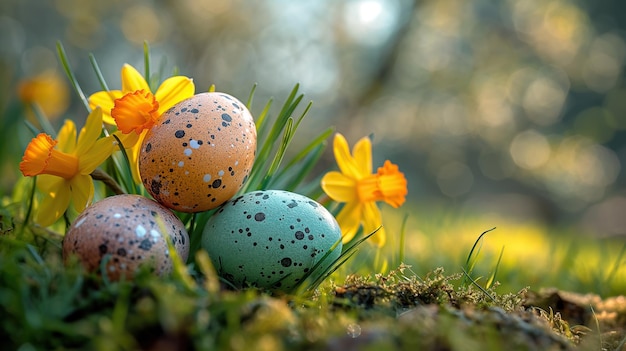 Фото Красочные пасхальные яйца в траве с нарциссами копируют пространство на зеленом фоне сада