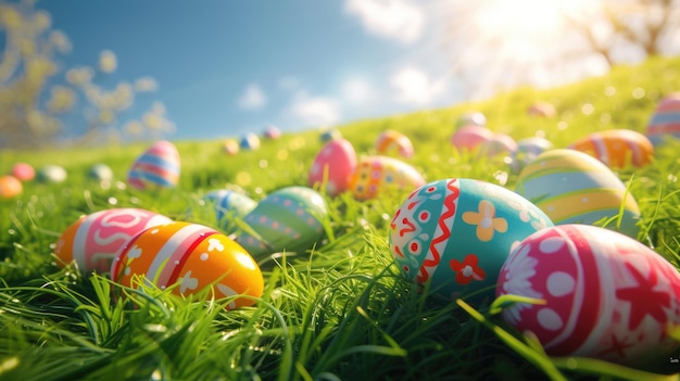 Colorful easter eggs laid on the grass forming a festive art display aige