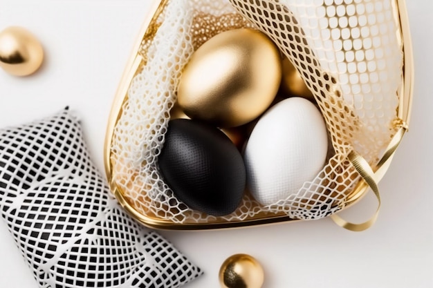 Colorful easter eggs lying in an open bag on a white background