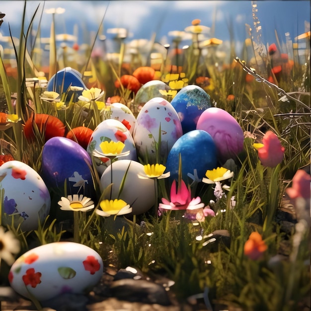 Colorful easter eggs in a meadow with flowers and grass