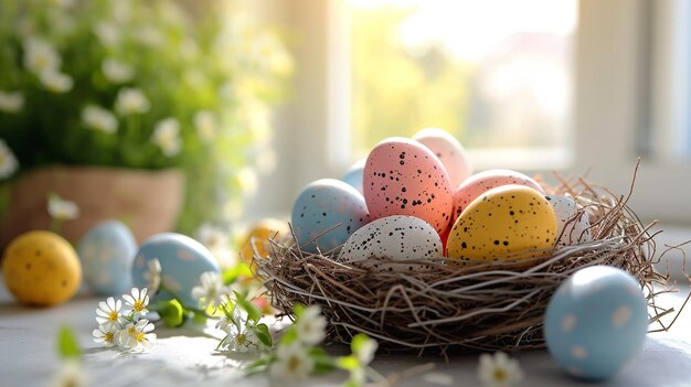 Colorful Easter eggs and napkin on wooden table