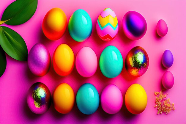 Colorful easter eggs in nest and flowers on pink background with copy space Flat lay