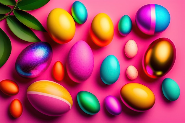 Colorful easter eggs in nest and flowers on pink background with copy space Flat lay