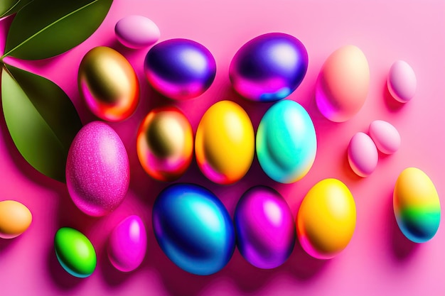 Colorful easter eggs in nest and flowers on pink background with copy space Flat lay