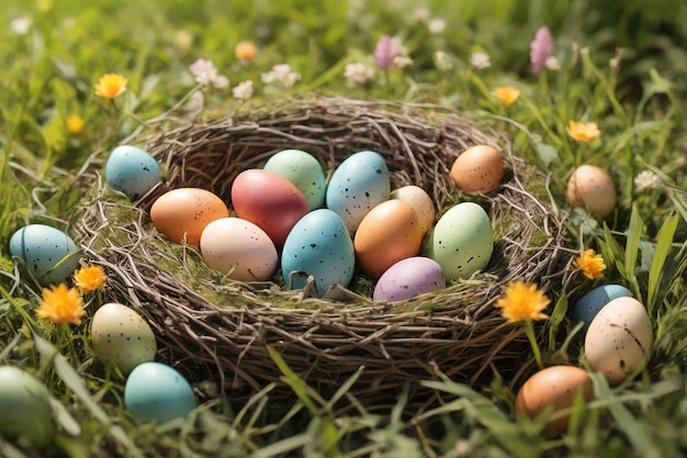 Colorful easter eggs in nest on green grass with flowers