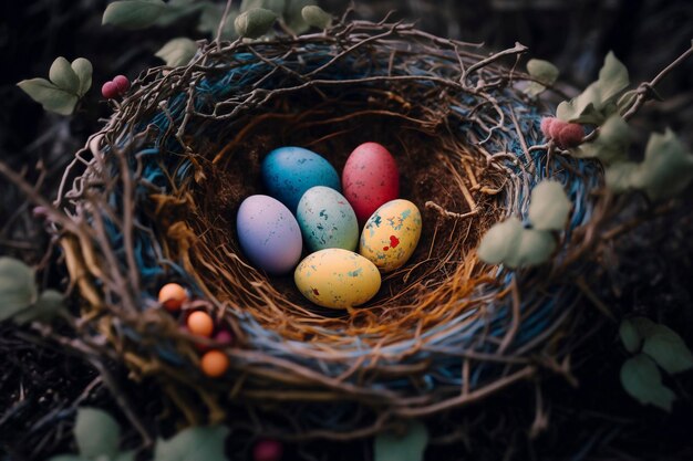 Colorful easter eggs in nest on meadow Ai generative