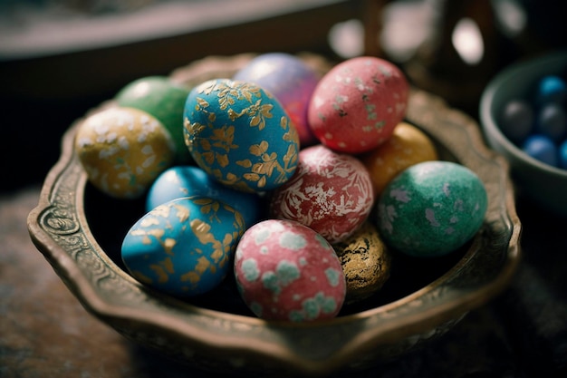 Colorful easter eggs in nest on meadow ai generative