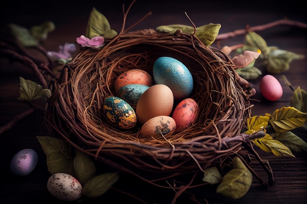 Colorful easter eggs in a nest on old wooden backgroundgenerative ai