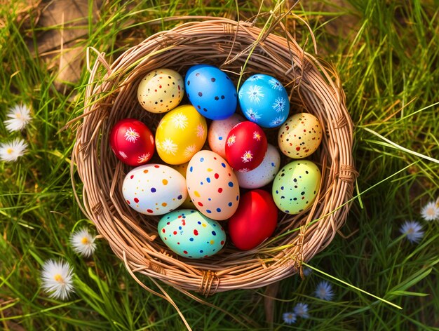 Colorful Easter eggs in a nest placed in green grass