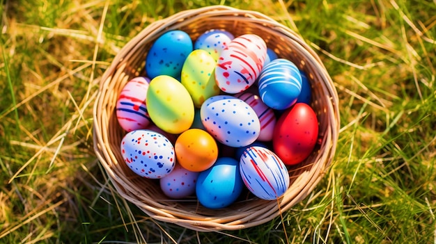Colorful Easter eggs in a nest placed in green grass