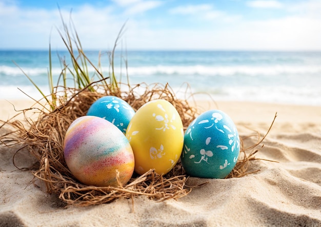 Colorful easter eggs in nest on sandy beach with sea background