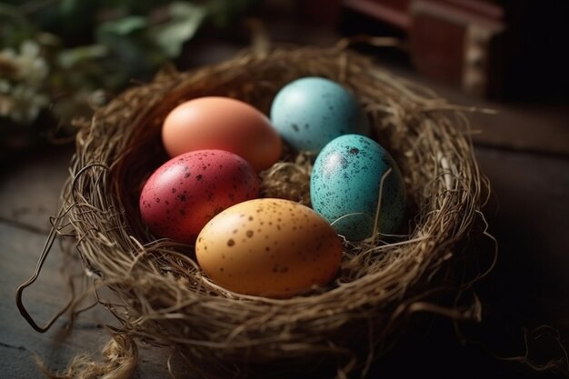 Colorful easter eggs in nest on wooden background toned