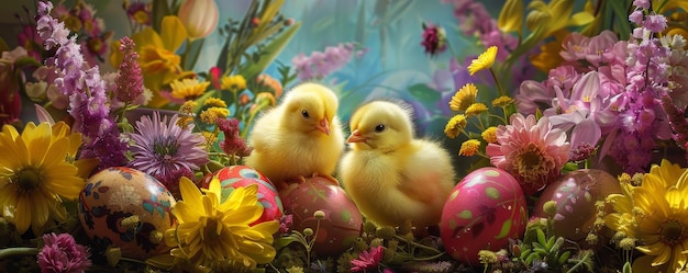 Colorful Easter Eggs Nestled in Spring Blooms with Cute Chicks Emerging