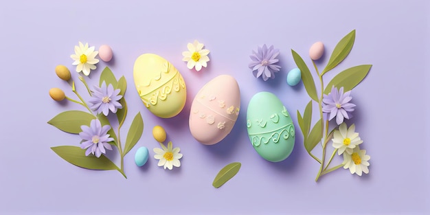 Colorful Easter Eggs on Pastel Background from Top View