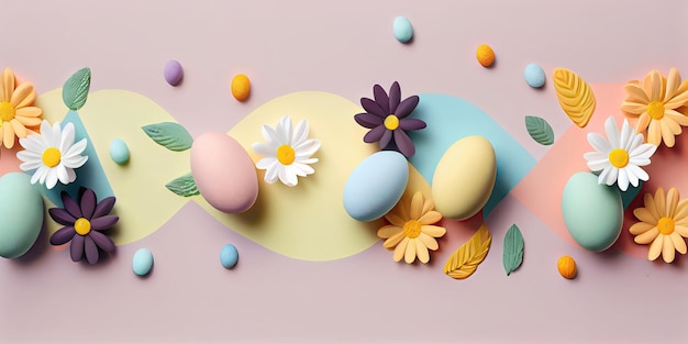 Colorful Easter Eggs on Pastel Background from Top View