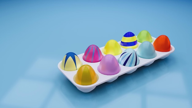 Colorful Easter eggs placed in an egg tray on blue background 3D Illustration