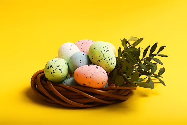 Красочные пасхальные яйца в гнезде из ротанга на веселом желтом фоне.