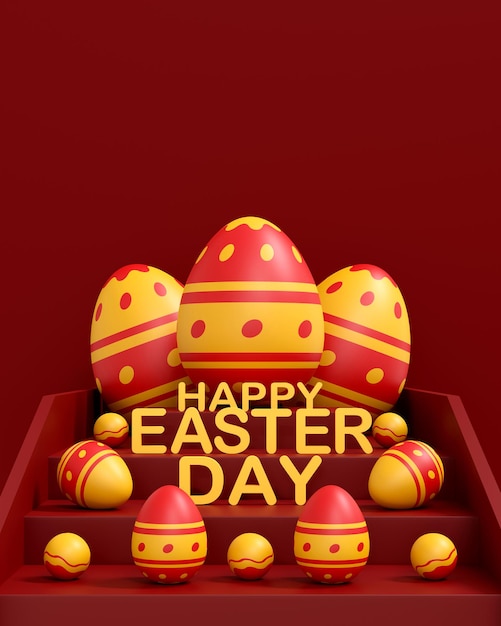 Красочные пасхальные яйца на красном фоне Концепция счастливого дня Пасхи 3D иллюстрация