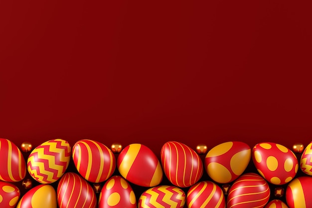 A colorful Easter eggs on red background Happy Easter day concept top view 3D illustration