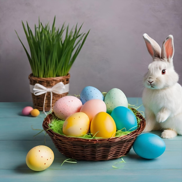 Красочные пасхальные яйца в деревенской корзине Пасхальный кролик Счастливой Пасхи