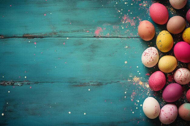 Colorful easter eggs on shabby blue wooden background and ar c