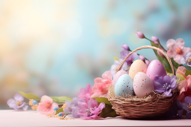 Colorful Easter eggs and spring flowers in a basket