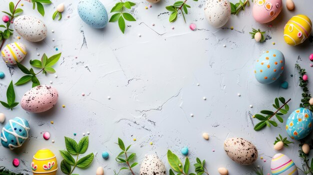 Colorful Easter eggs and spring flowers on a light background