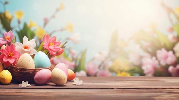 Colorful easter eggs and spring flowers on wooden table with copy space