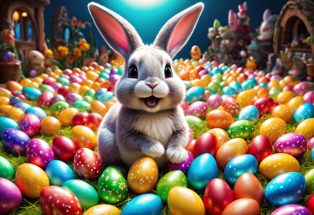 Colorful Easter eggs surround bunny Generative AI