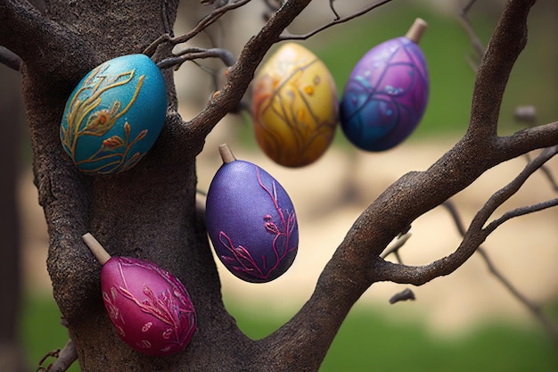 Colorful easter eggs on a tree on a sunny day Generative AI