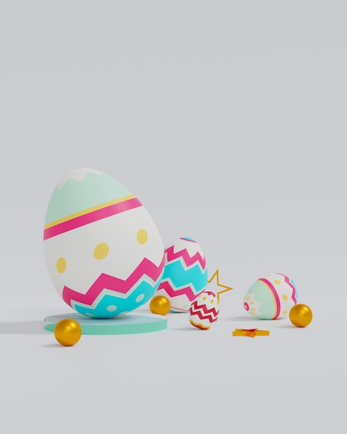 Uova di pasqua colorate su sfondo bianco illustrazione 3d del concetto di giorno di pasqua felice