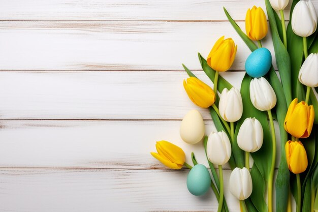 Colorful easter eggs on a white wooden table